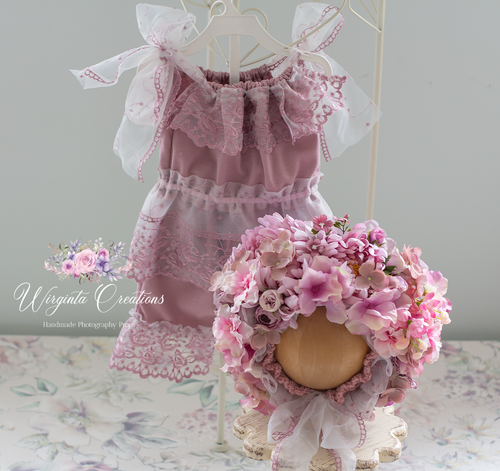 Flower Bonnet and Matching Outfit Set for 12-24 Months Old | Mauve Colour | Boho, Lace Style | Photography Prop Outfit | Handmade