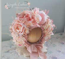 Load image into Gallery viewer, Flower Bonnet and Matching Outfit Set for 12-24 Months Old | Peach, Pink Colour | Boho, Lace Style | Photography Prop Outfit | Handmade