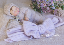 Load image into Gallery viewer, Grey Mauve Newborn Footed Romper with Matching Bonnet - Handmade Knitted Outfit - Photo Prop - Available Now