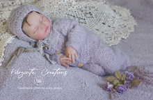 Load image into Gallery viewer, Grey Mauve Newborn Footed Romper with Matching Bonnet - Handmade Knitted Outfit - Photo Prop - Available Now