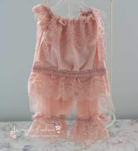Flower Bonnet and Matching Outfit Set for 12-24 Months Old | Peach, Pink Colour | Boho, Lace Style | Photography Prop Outfit | Handmade