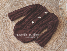 Load image into Gallery viewer, Teddy Bear Bonnet and Romper Set | Knitted Outfit | Size 9-18 Months Old | Dark Brown | Photography prop