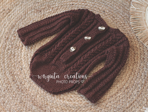 Teddy Bear Bonnet and Romper Set | Knitted Outfit | Size 9-18 Months Old | Dark Brown | Photography prop