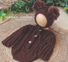 Load image into Gallery viewer, Dark brown knitted teddy bear romper and bonnet for 9-18 months old. Photography prop