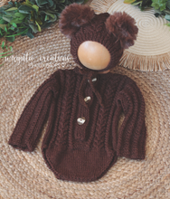 Load image into Gallery viewer, Teddy Bear Bonnet and Romper Set | Knitted Outfit | Size 9-18 Months Old | Dark Brown | Photography prop