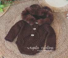 Load image into Gallery viewer, Hooded Teddy Bear Romper | Photography Prop Outfit | Size 9-18 Months Old | Dark Brown Colour | Knitted