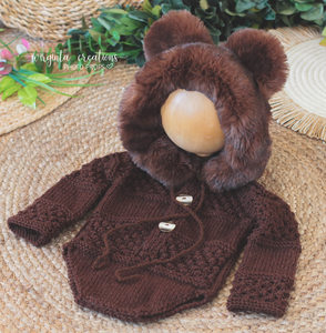 Hooded Teddy Bear Romper | Photography Prop Outfit | Size 9-18 Months Old | Dark Brown Colour | Knitted