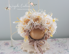 Load image into Gallery viewer, Flower Bonnet and Matching Outfit Set for 12-24 Months Old | Beige, Cream Colour | Boho, Lace Style | Photography Prop Outfit | Handmade