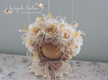 Load image into Gallery viewer, Flower Bonnet and Matching Outfit Set for 12-24 Months Old | Beige, Cream Colour | Boho, Lace Style | Photography Prop Outfit | Handmade