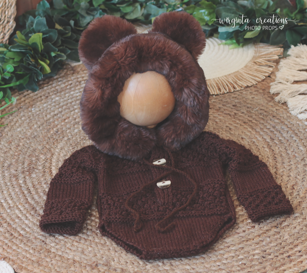 Hooded Teddy Bear Romper | Photography Prop Outfit | Size 9-18 Months Old | Dark Brown Colour | Knitted