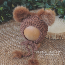 Load image into Gallery viewer, Teddy Bear Outfit | Bonnet and Matching Dungarees | Size 18-24 Months Old | Light Brown | Knitted | Photography prop