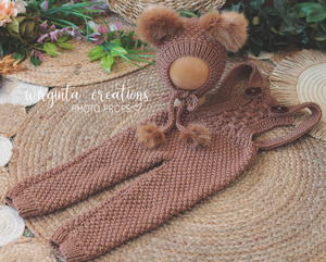Teddy Bear Outfit | Bonnet and Matching Dungarees | Size 18-24 Months Old | Light Brown | Knitted | Photography prop