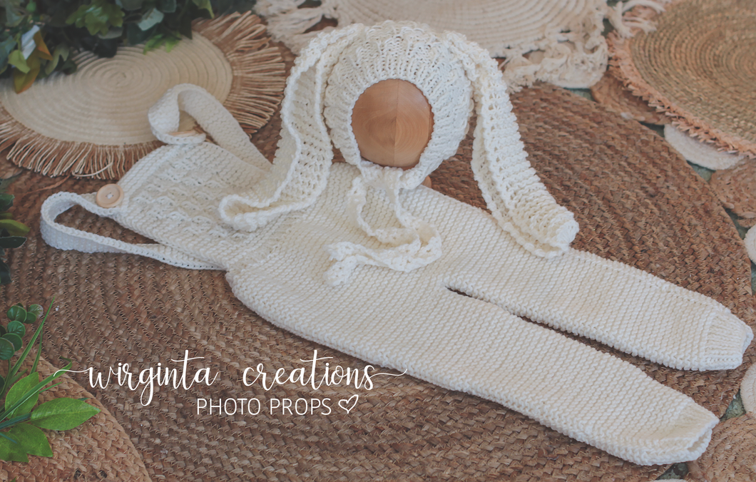 Bunny Outfit | Bonnet and Matching Dungarees Set | Size 18-24 Months Old | Cream Colour | Knitted | Photography prop