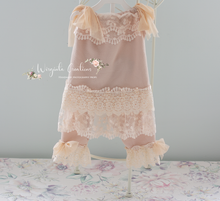 Load image into Gallery viewer, Flower Bonnet and Matching Outfit Set for 12-24 Months Old | Beige, Cream Colour | Boho, Lace Style | Photography Prop Outfit | Handmade