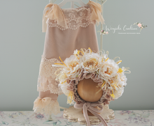 Load image into Gallery viewer, Flower Bonnet and Matching Outfit Set for 12-24 Months Old | Beige, Cream Colour | Boho, Lace Style | Photography Prop Outfit | Handmade