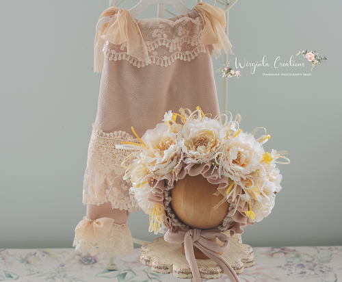 Flower Bonnet and Matching Outfit Set for 12-24 Months Old | Beige, Cream Colour | Boho, Lace Style | Photography Prop Outfit | Handmade