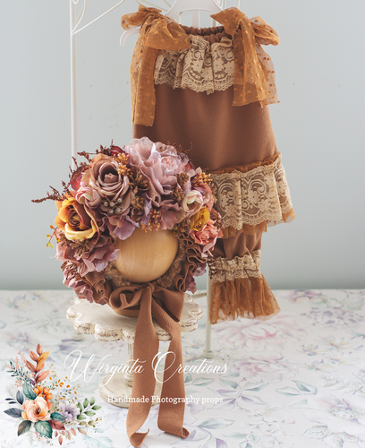 Flower Bonnet and Matching Outfit Set for 12-24 Months Old | Russet Brown Colour | Boho, Lace Style | Photography Prop Outfit | Handmade