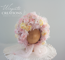 Load image into Gallery viewer, Flower Bonnet for 12-24 Months - Pale Pink Colour - Handmade - Artificial Flower Headpiece - Photo Prop