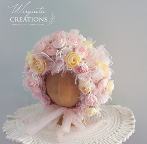 Flower Bonnet for 12-24 Months - Pale Pink Colour - Handmade - Artificial Flower Headpiece - Photo Prop