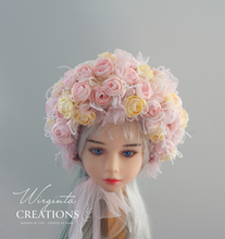 Load image into Gallery viewer, Flower Bonnet for 12-24 Months - Pale Pink Colour - Handmade - Artificial Flower Headpiece - Photo Prop