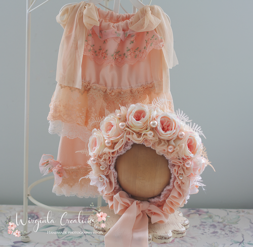 Flower Bonnet and Matching Outfit Set for 12-24 Months Old | Apricot Pink, Peach Colour | Boho, Lace Style | Photography Prop Outfit | Handmade
