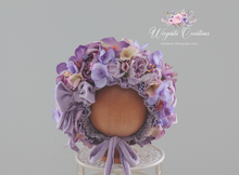 Load image into Gallery viewer, Flower Bonnet and Matching Romper Set for 12-24 Months Old | Purple, Lilac Colour | Velour Fabric | Photography Prop Outfit