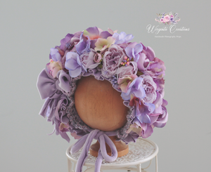 Flower Bonnet and Matching Romper Set for 12-24 Months Old | Purple, Lilac Colour | Velour Fabric | Photography Prop Outfit