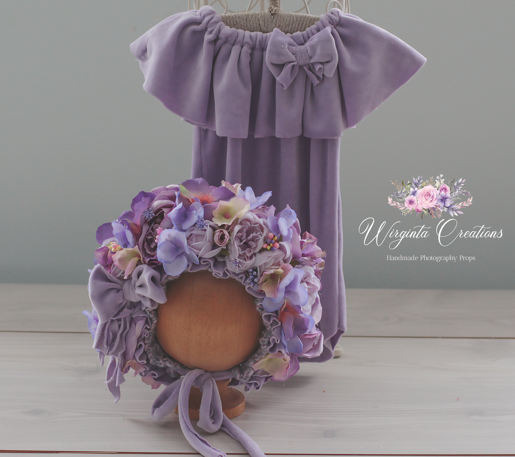 Purple, Lilac flower bonnet  and matching velour romper, Photography prop