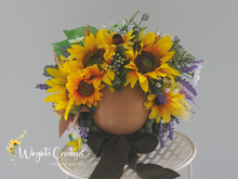 Load image into Gallery viewer, Sunflower Flower Bonnet | Floral Photo Prop for 12-24 Months | Green, Yellow | Handmade Artificial Flower Headpiece