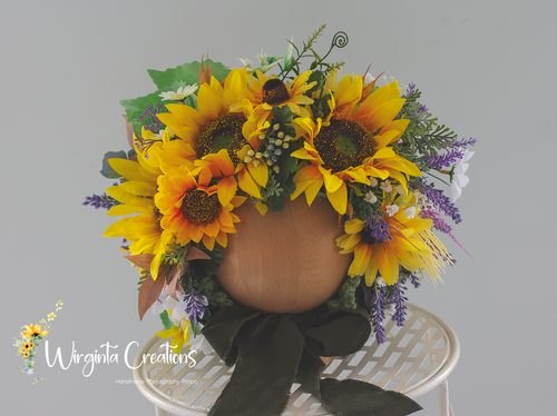 Sunflower Flower Bonnet | Floral Photo Prop for 12-24 Months | Green, Yellow | Handmade Artificial Flower Headpiece