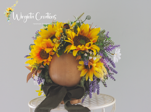Sunflower Flower Bonnet | Floral Photo Prop for 12-24 Months | Green, Yellow | Handmade Artificial Flower Headpiece