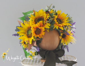 Sunflower Flower Bonnet | Floral Photo Prop for 12-24 Months | Green, Yellow | Handmade Artificial Flower Headpiece