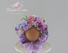 Load image into Gallery viewer, Flower Bonnet for 6-12 Months Old | Purple | Artificial Flower Headpiece for Photography | Handmade