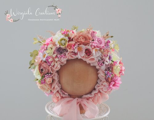 Flower Bonnet for 12-24 Months Old | Pink | Photography Prop | Artificial Flower Headpiece