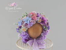 Load image into Gallery viewer, Flower Bonnet for 6-12 Months Old | Purple | Artificial Flower Headpiece for Photography | Handmade