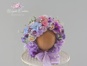 Flower Bonnet for 6-12 Months Old | Purple | Artificial Flower Headpiece for Photography | Handmade