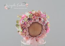 Load image into Gallery viewer, Flower Bonnet for 12-24 Months Old | Pink | Photography Prop | Artificial Flower Headpiece