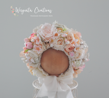 Load image into Gallery viewer, Flower Bonnet for 12-24 Months Old | Pink, Cream, White, Beige | Photography Prop | Artificial Flower Headpiece