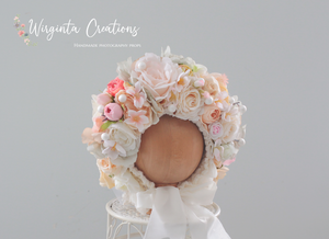Flower Bonnet for 12-24 Months Old | Pink, Cream, White, Beige | Photography Prop | Artificial Flower Headpiece