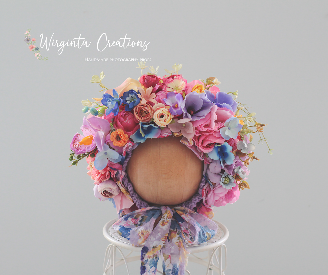 Flower Bonnet for 12-24 Months Old | Colourful | Photography Prop | Artificial Flower Headpiece