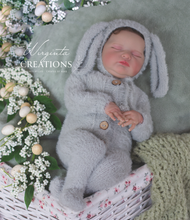 Load image into Gallery viewer, Luxurious Hand-Knitted Newborn Bunny Romper Set in Elegant Grey: Footed Design, Floppy Ears, and Coordinating Bonnet