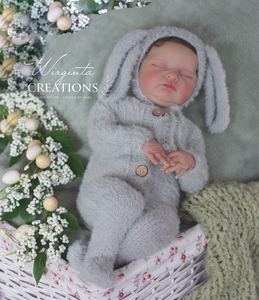 Luxurious Hand-Knitted Newborn Bunny Romper Set in Elegant Grey: Footed Design, Floppy Ears, and Coordinating Bonnet