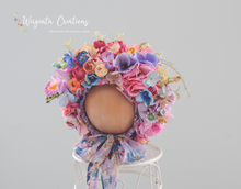 Load image into Gallery viewer, Flower Bonnet for 12-24 Months Old | Colourful | Photography Prop | Artificial Flower Headpiece