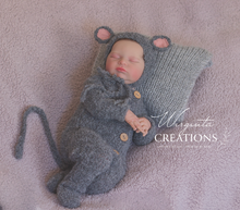 Load image into Gallery viewer, Newborn Mouse Bonnet and Footed Romper Set | Photo Prop | Grey Colour | Mouse Outfit | Ready to Send