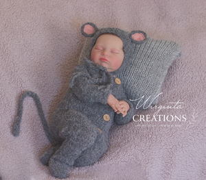 Newborn Mouse Bonnet and Footed Romper Set | Photo Prop | Grey Colour | Mouse Outfit | Ready to Send
