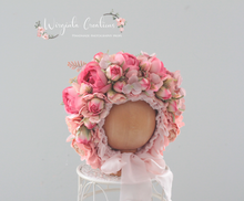 Load image into Gallery viewer, Flower Bonnet for 12-24 Months Old | Photography Prop | Pink Coral | Artificial Flower Headpiece
