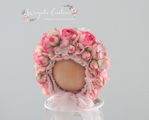 Flower Bonnet for 12-24 Months Old | Photography Prop | Pink Coral | Artificial Flower Headpiece