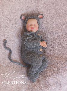 Newborn Mouse Bonnet and Footed Romper Set | Photo Prop | Grey Colour | Mouse Outfit | Ready to Send