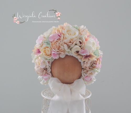 Flower Bonnet for 12-24 Months Old | Photography Prop | Pastel Colours | Artificial Flower Headpiece