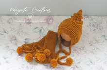 Load image into Gallery viewer, Handmade Knitted Bonnet and Booties Set. Sizes Available: 6-12 Months Old and 12-24 Months Old. Five Colour Options. Photography Prop. Made-To-Order